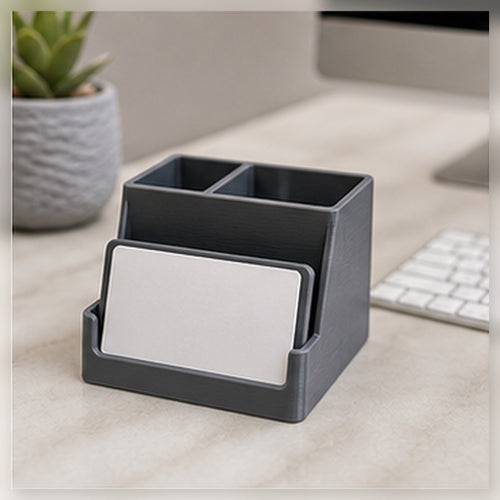 3D Printed Business Card Holder With Logo Plate clean sample product image in a bright local business setting