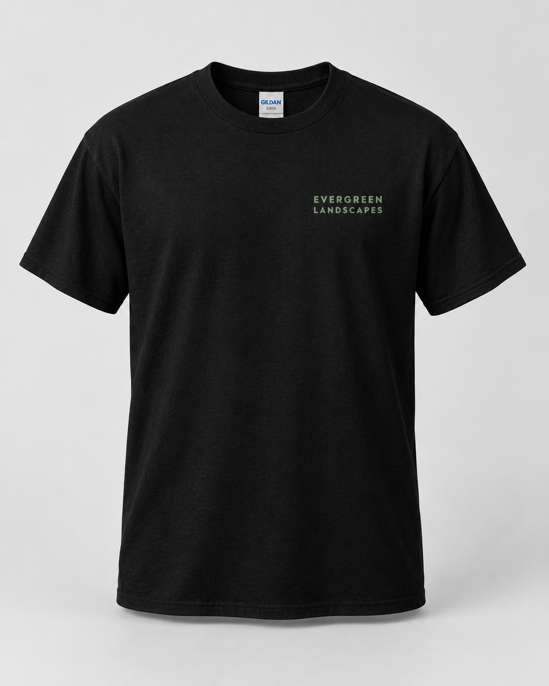 Illustrative business mockup. Gildan 5000 Classic event T-shirt with a small professional business logo on a neutral studio background