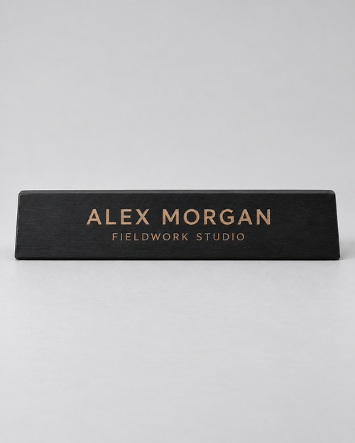 Illustrative business mockup. Black wooden Alex Morgan desk nameplate with tan engraving