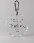 Illustrative business mockup. Clear Northline Build Co. corporate thank-you ornament