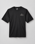 Illustrative business mockup. performance tee with a small printed company logo on the left chest
