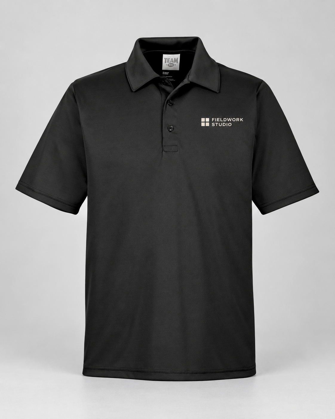 Illustrative business mockup. polo with a small printed company logo on the left chest