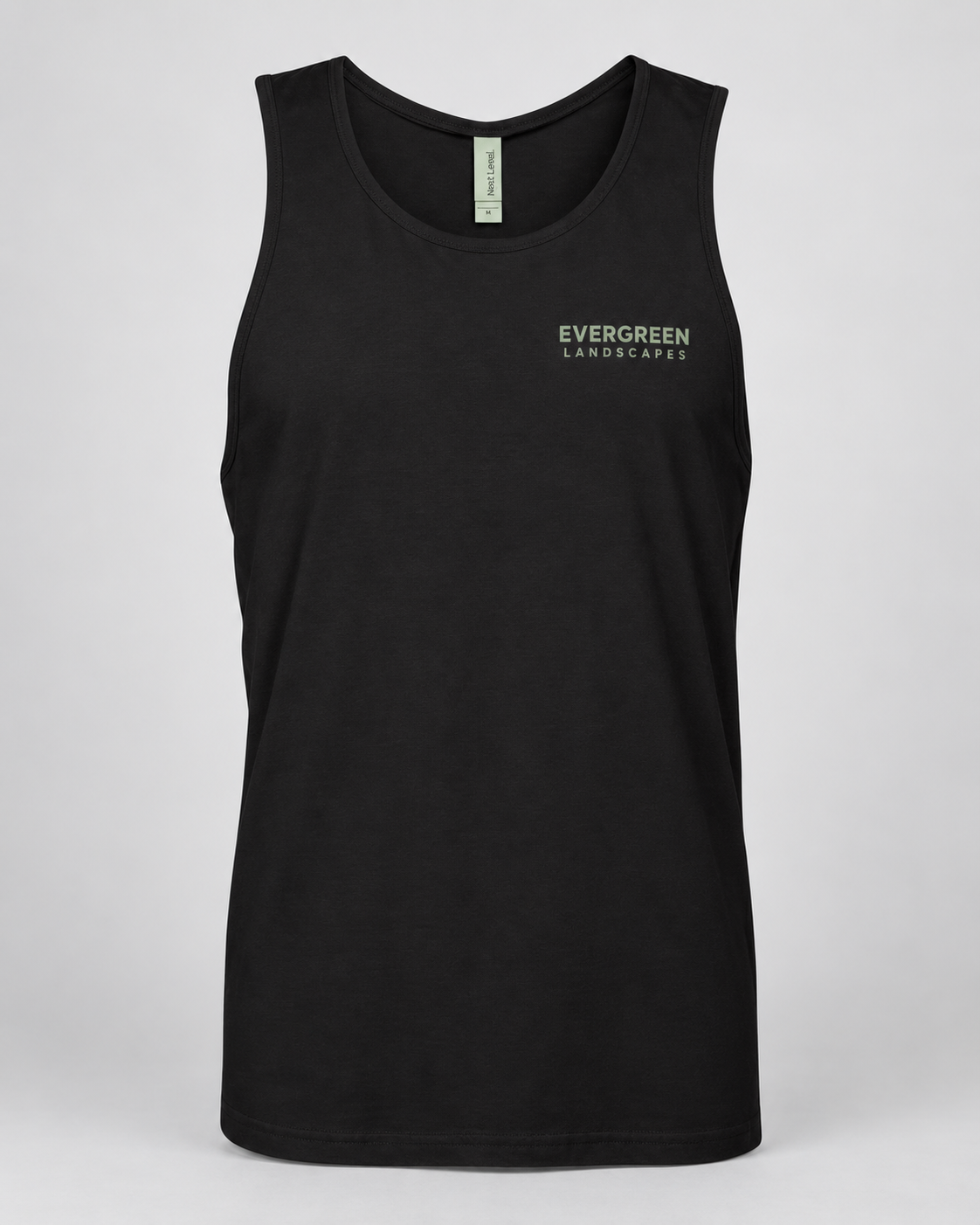 Illustrative business mockup. Next Level 3633 Cotton tank top with a small professional business logo on a neutral studio background