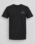 Illustrative business mockup. tee with a small printed company logo on the left chest