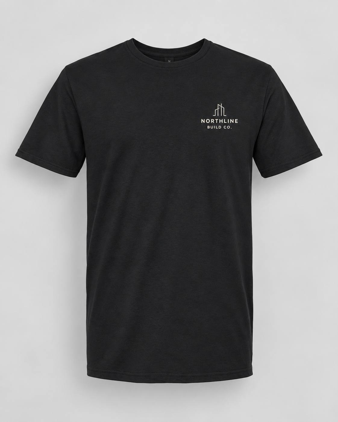 Illustrative business mockup. tee with a small printed company logo on the left chest