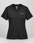 Illustrative business mockup. Team 365 TT11W Women’s performance V-neck with a small professional business logo on a neutral studio background