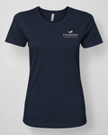 Illustrative business mockup. womens tee with a small printed company logo on the left chest