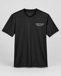 Illustrative business mockup. Team 365 TT11Y Youth performance T-shirt with a small professional business logo on a neutral studio background