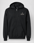 Illustrative business mockup. zip hoodie with a small printed company logo on the left chest