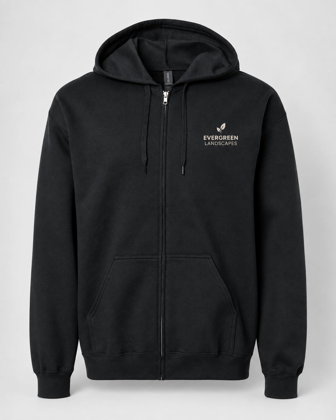 Illustrative business mockup. zip hoodie with a small printed company logo on the left chest