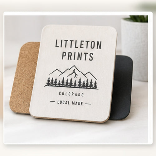 Custom coaster set with sample Littleton artwork on a bright studio background sample image