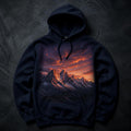 Alpenglow DTF-printed navy hoodie with mountain sunset graphic