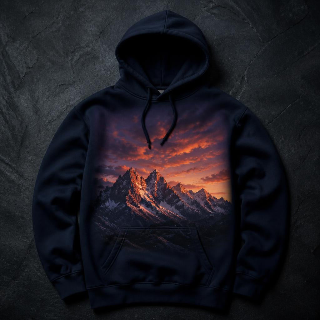 Alpenglow DTF-printed navy hoodie with mountain sunset graphic