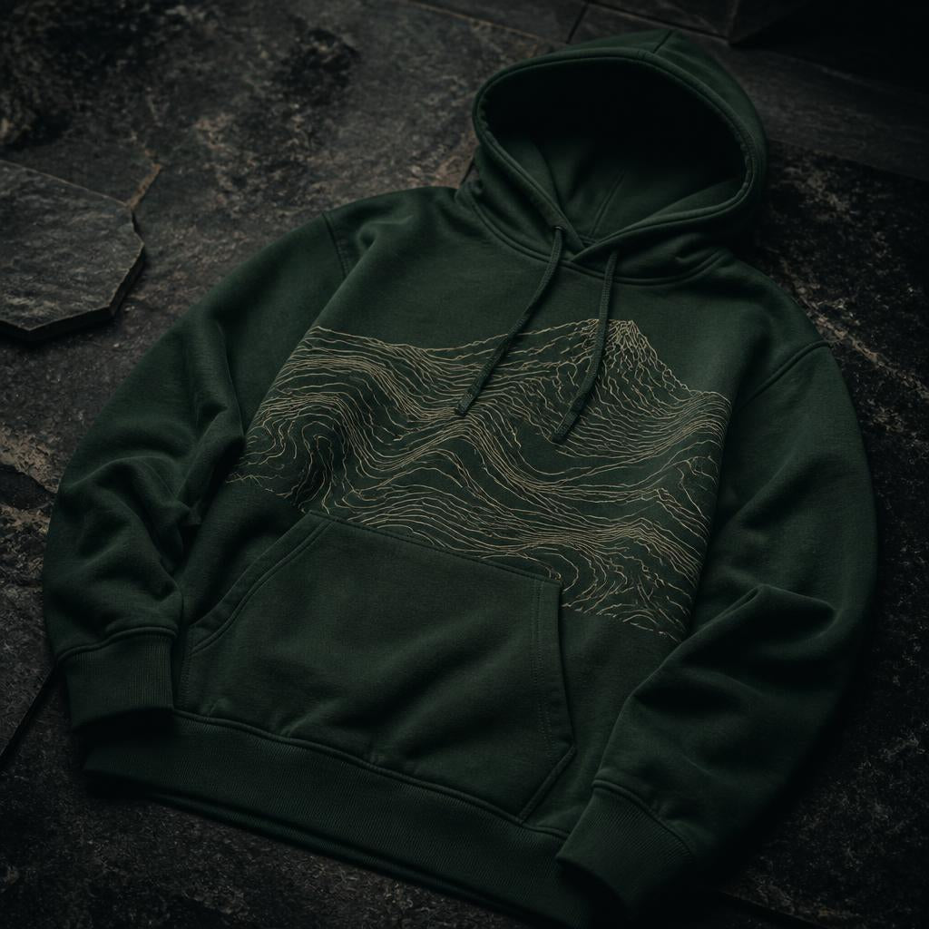 Trailhead DTF-printed forest green hoodie with topo map graphic