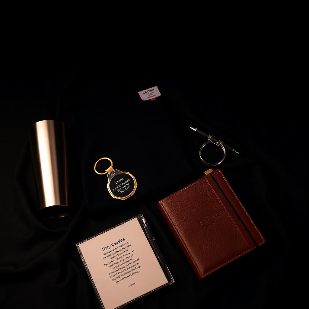 Custom gift package with engraved tumbler, personalized diary, UV-printed keychain, custom pen, and folded t-shirt on dark linen