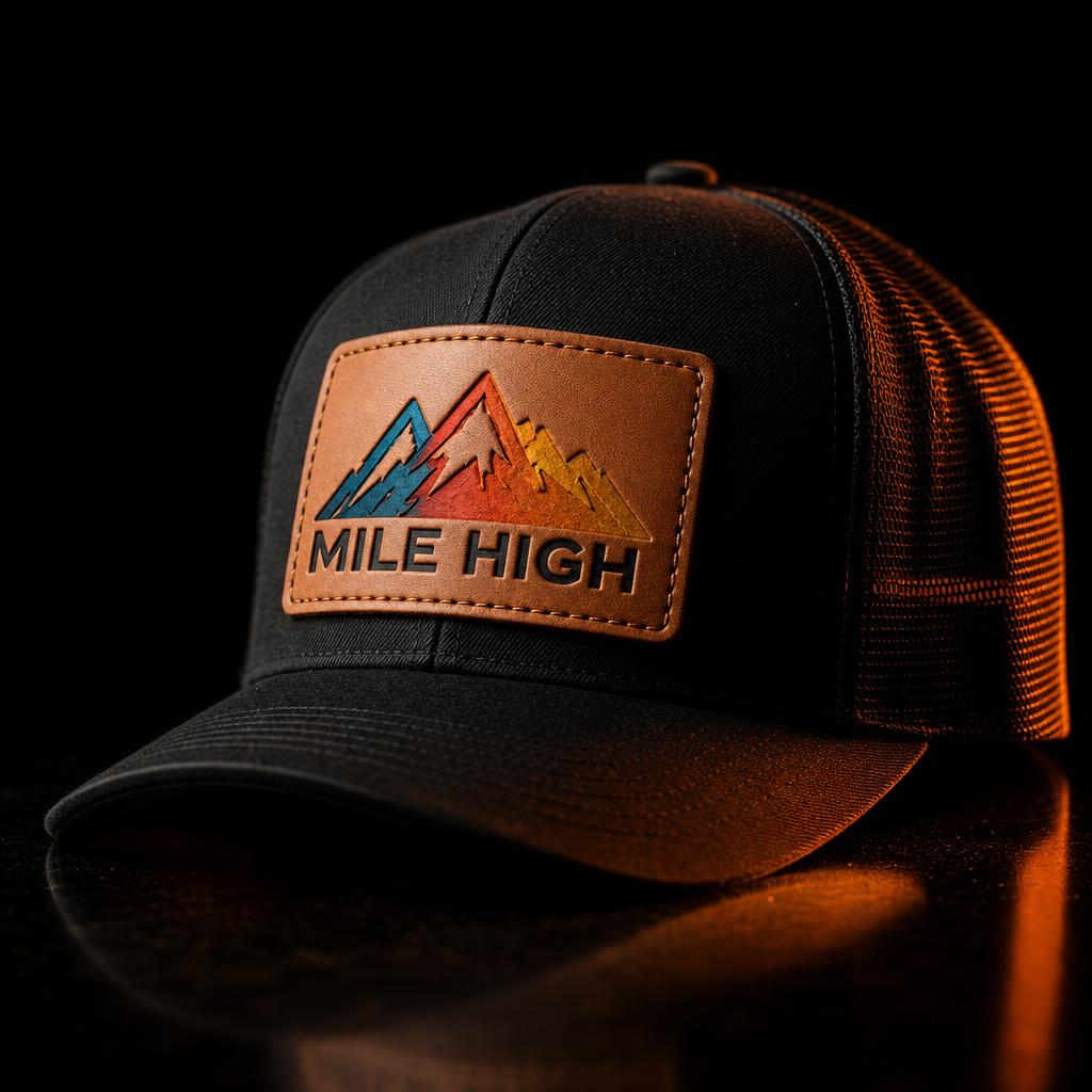 UV printed leather patch cap — vibrant full-color logo pressed on genuine leather