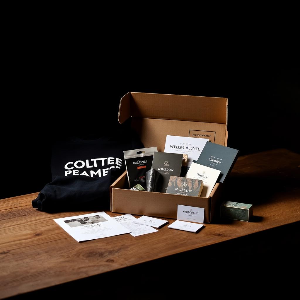 Monthly marketing subscription box with custom branded apparel and printed materials